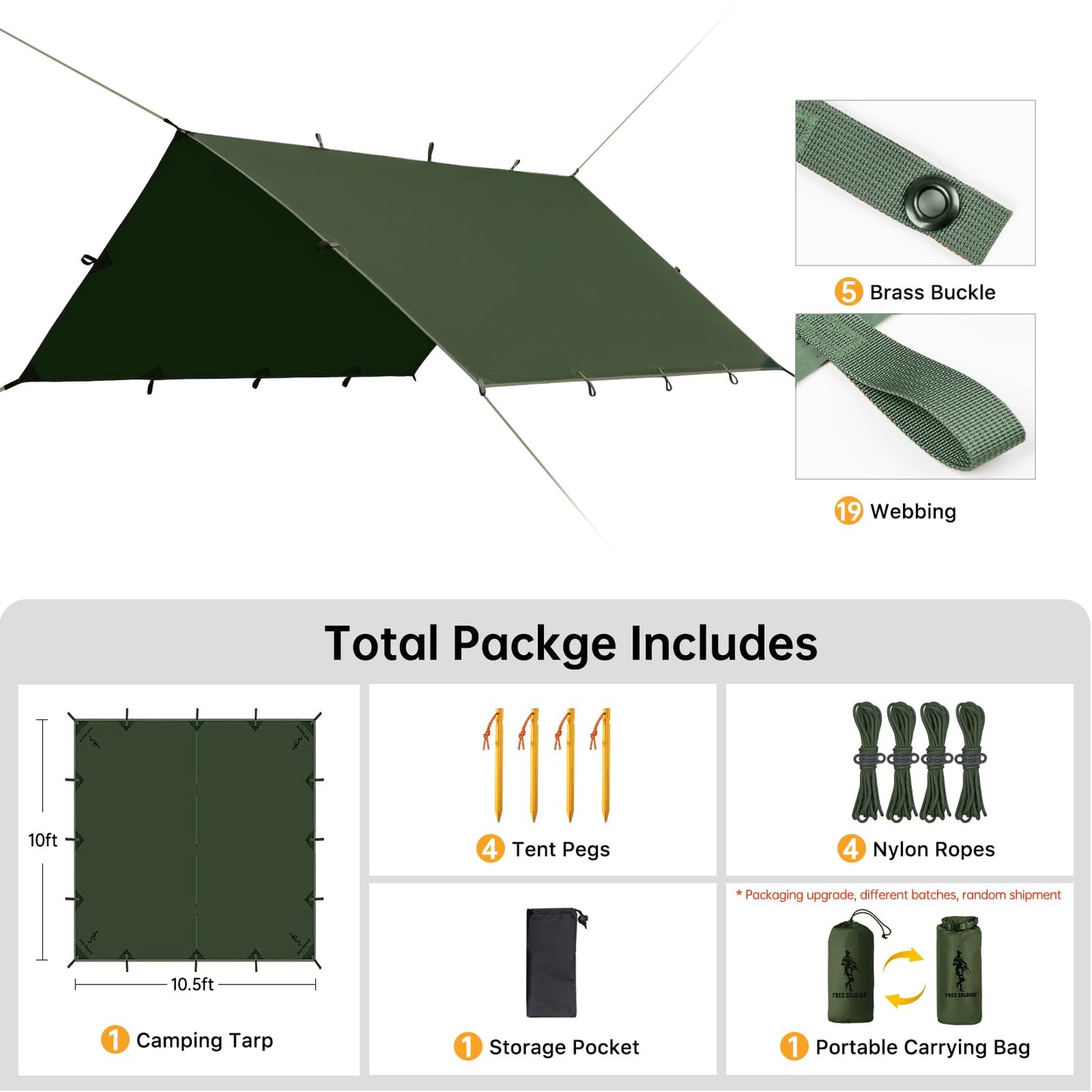FREE SOLDIER Waterproof Portable Tarp Multifunctional Outdoor Camping Traveling Awning Backpacking Tarp Shelter Rain (Brown 10×10.5ft)