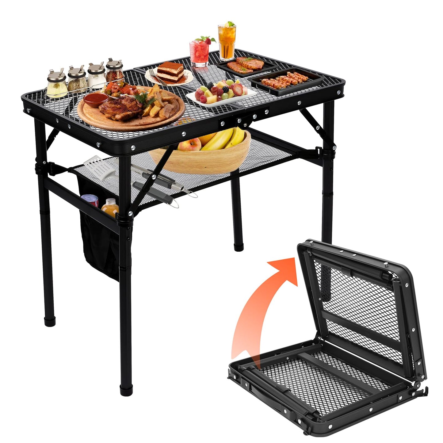 QuliMetal Small Portable Folding Grill Table with Adjustable Height & Mesh Desktop, Lightweight Camping Table – Perfect for BBQ, Picnic, Beach, & Indoor Use – Compact, Durable & Easy to Carry, Black