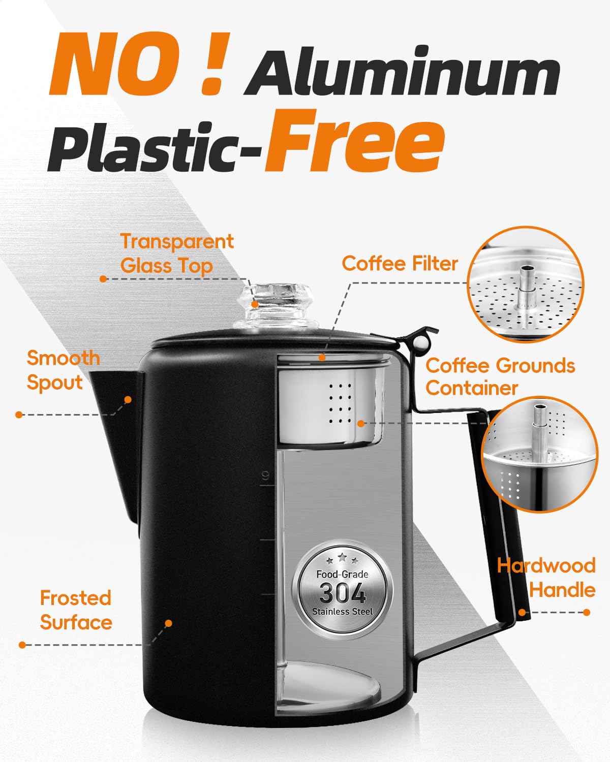 MEREZA Camping Coffee Pot Stovetop Coffee Maker Percolator Campfire Coffee Pot Stainless Steel Coffee Pot Camping Outdoors Home 9 Cup No Aluminum & Plastic Fast Brew