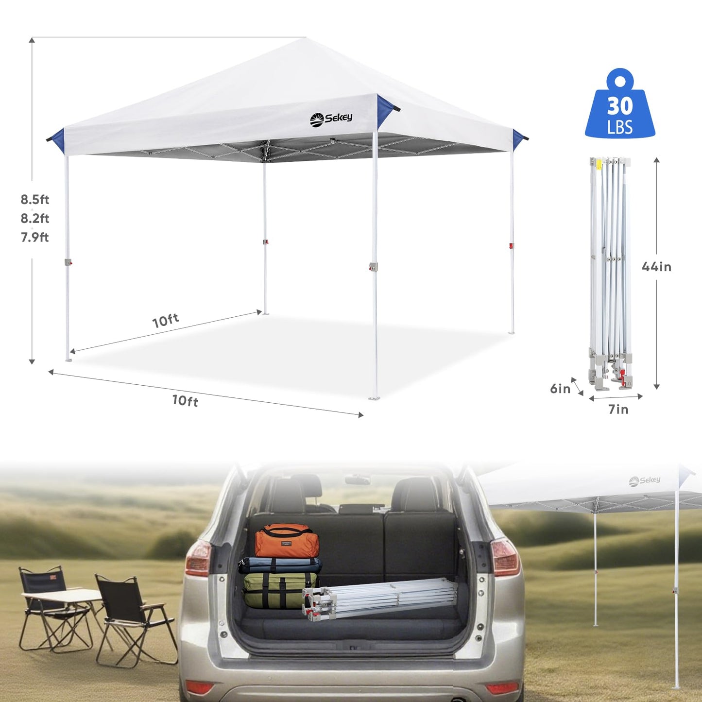 Sekey 10x10 Pop Up Canopy with 4 Sidewalls, One Push Setup Instant Outdoor Gazebo, Instant Easy Up Canopy with UPF50+ Top, 4 Weight Bags for Events, Beach, Patio, Camping