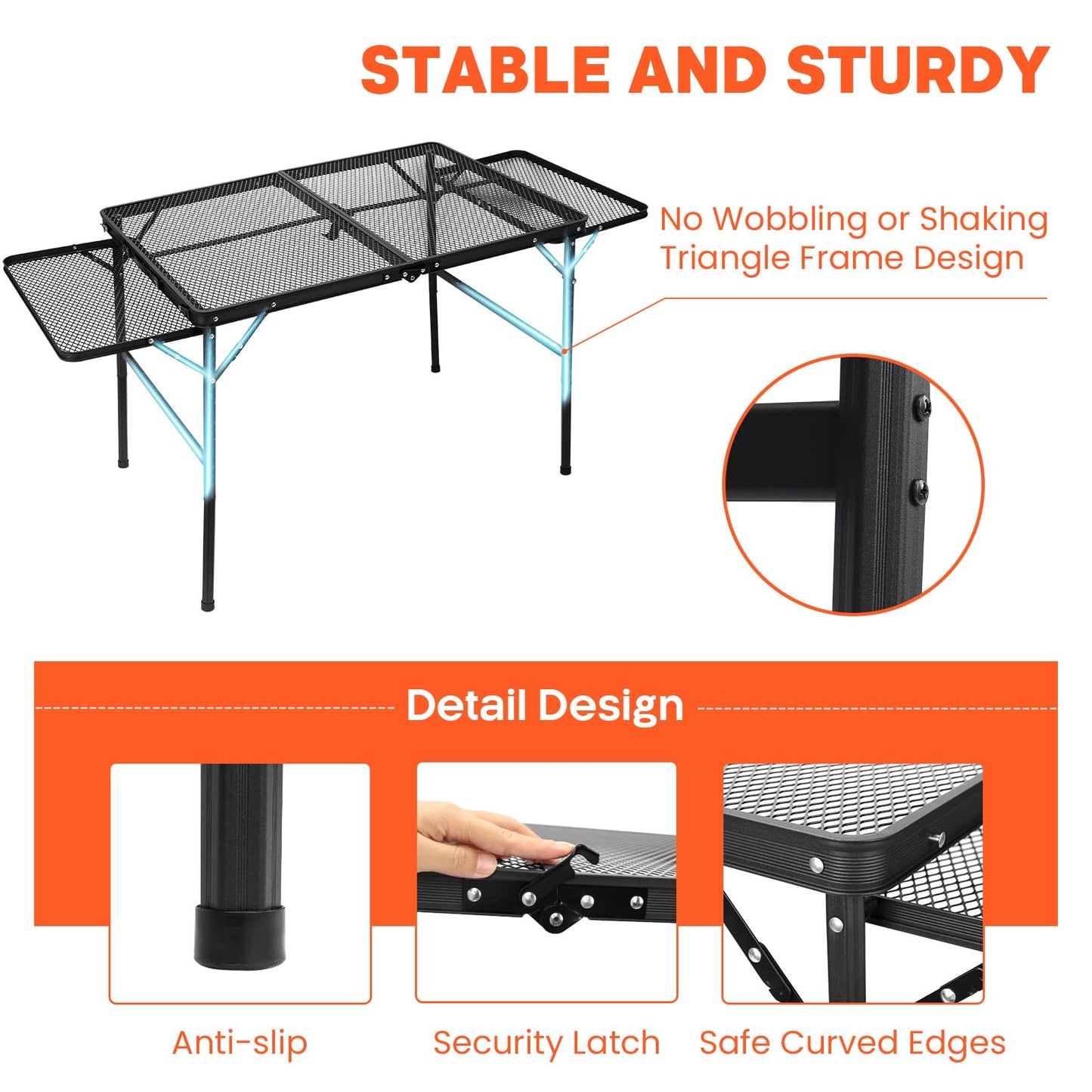 QuliMetal Small Portable Folding Grill Table with Adjustable Height & Mesh Desktop, Lightweight Camping Table – Perfect for BBQ, Picnic, Beach, & Indoor Use – Compact, Durable & Easy to Carry, Black
