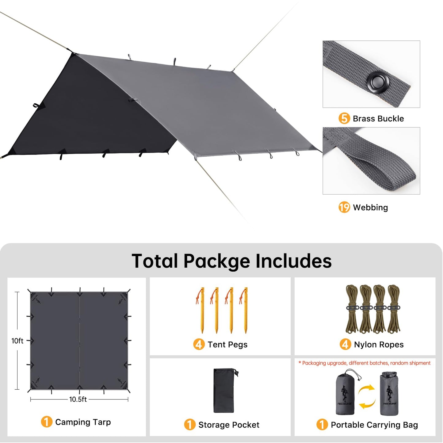 FREE SOLDIER Waterproof Portable Tarp Multifunctional Outdoor Camping Traveling Awning Backpacking Tarp Shelter Rain (Brown 10×10.5ft)
