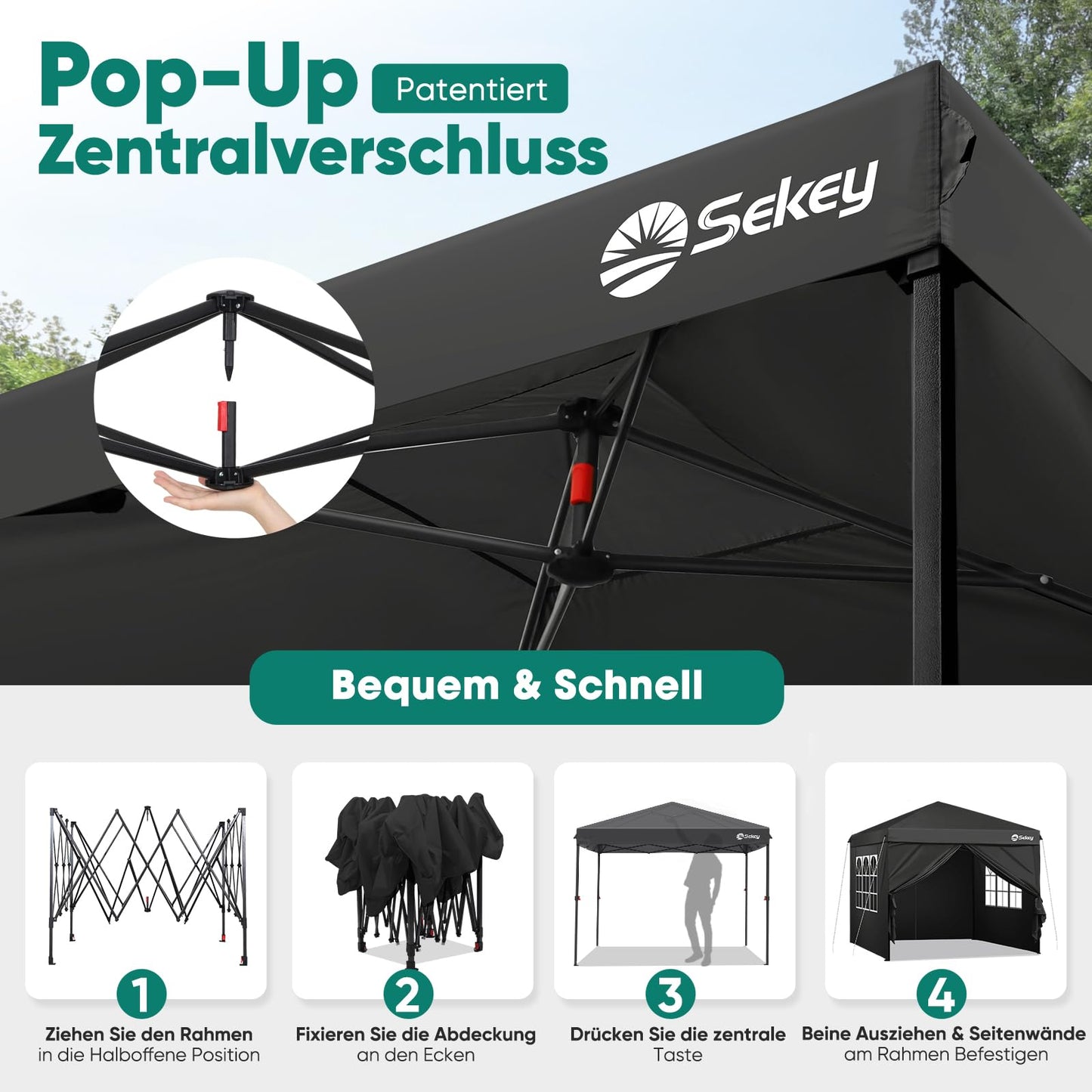 Sekey 10x10 Pop Up Canopy with 4 Sidewalls, One Push Setup Instant Outdoor Gazebo, Instant Easy Up Canopy with UPF50+ Top, 4 Weight Bags for Events, Beach, Patio, Camping