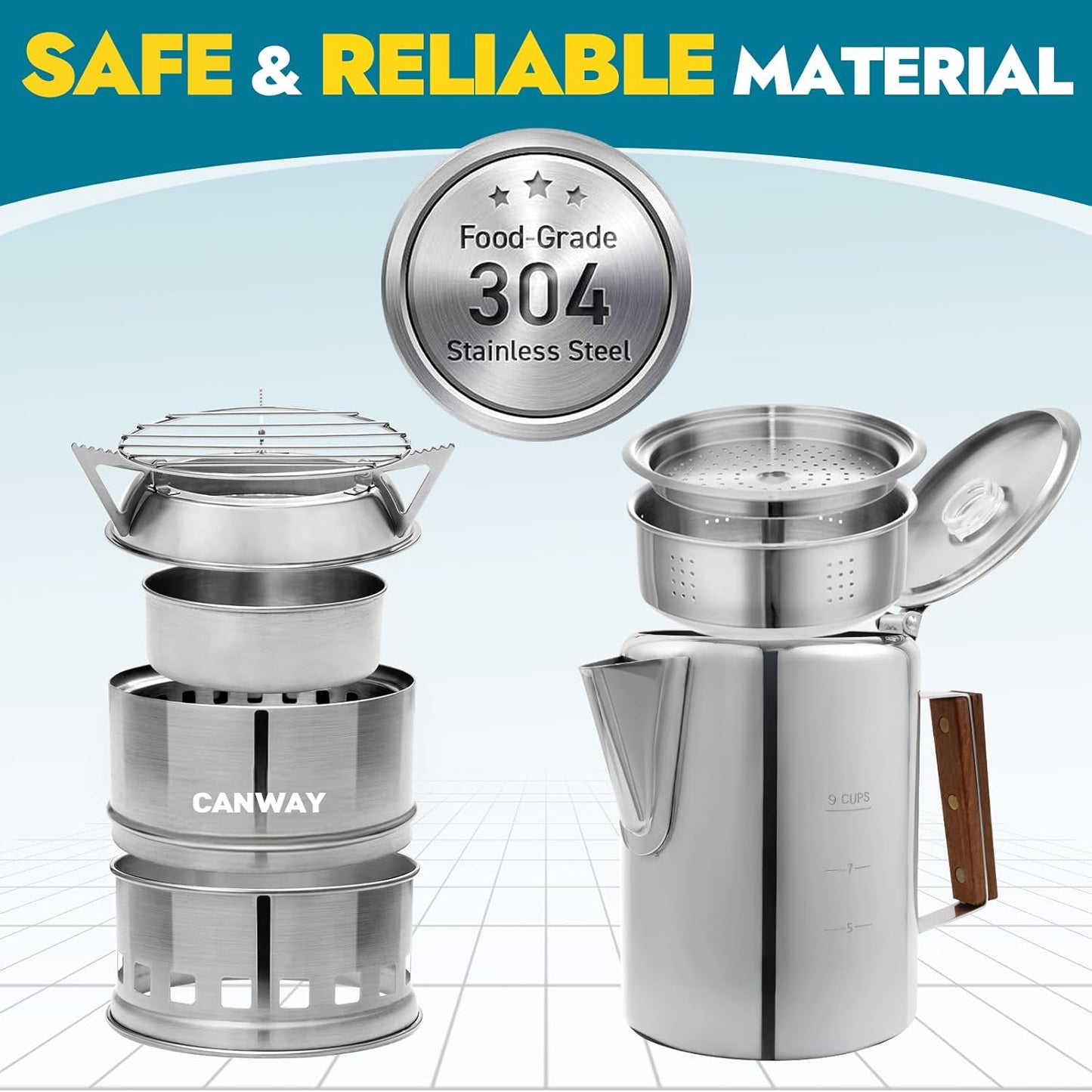 CANWAY Percolator Coffee Pot & Portable Camping Stove Set for Backpacking Hiking Stainless Steel Mini Wood Burning Stove 9 CUP Camping Stovetop Coffee Maker Outdoor Home with Carry Bag