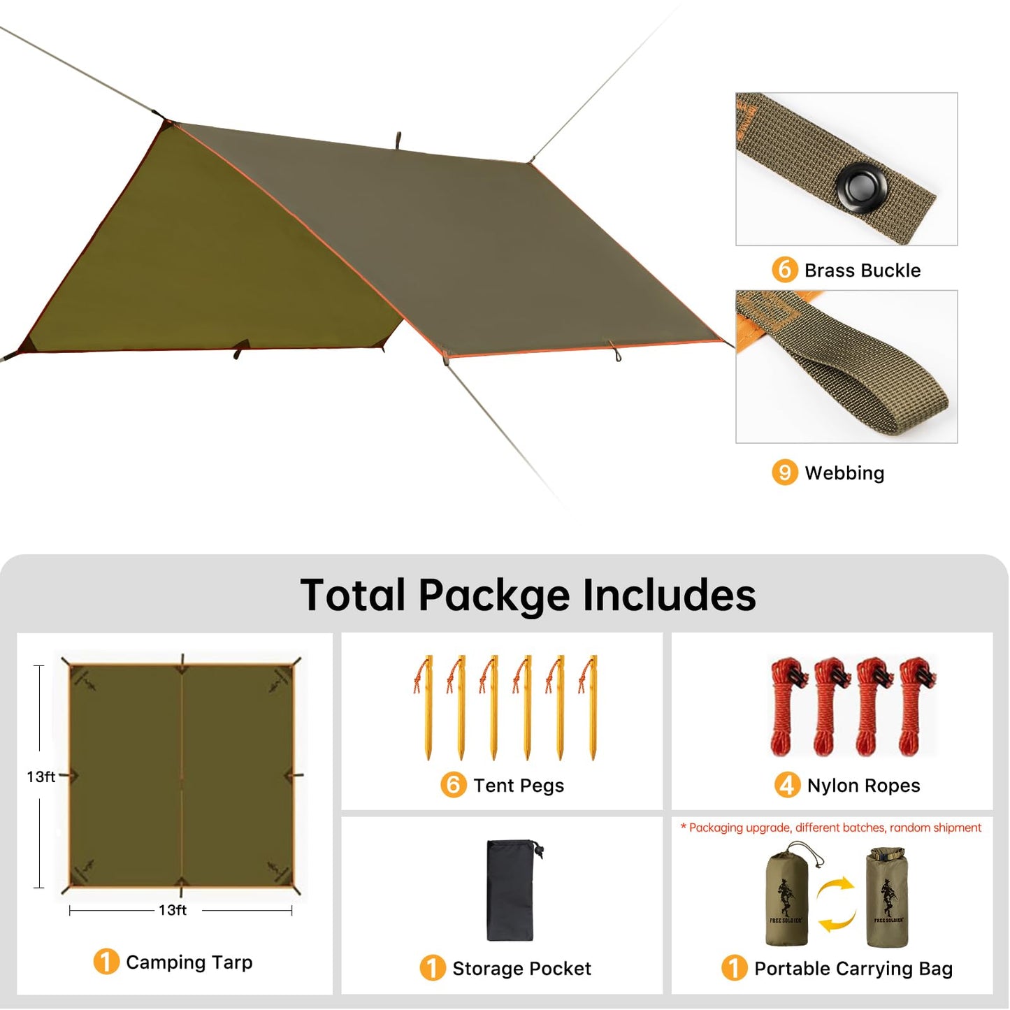 FREE SOLDIER Waterproof Portable Tarp Multifunctional Outdoor Camping Traveling Awning Backpacking Tarp Shelter Rain (Brown 10×10.5ft)