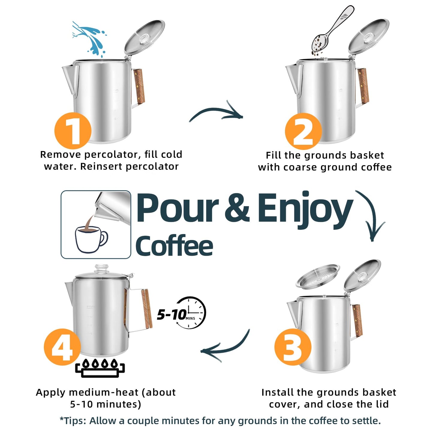 MEREZA Camping Coffee Pot Stovetop Coffee Maker Percolator Campfire Coffee Pot Stainless Steel Coffee Pot Camping Outdoors Home 9 Cup No Aluminum & Plastic Fast Brew