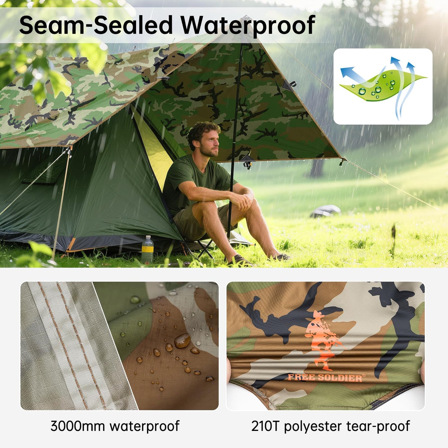 FREE SOLDIER Waterproof Portable Tarp Multifunctional Outdoor Camping Traveling Awning Backpacking Tarp Shelter Rain (Brown 10×10.5ft)