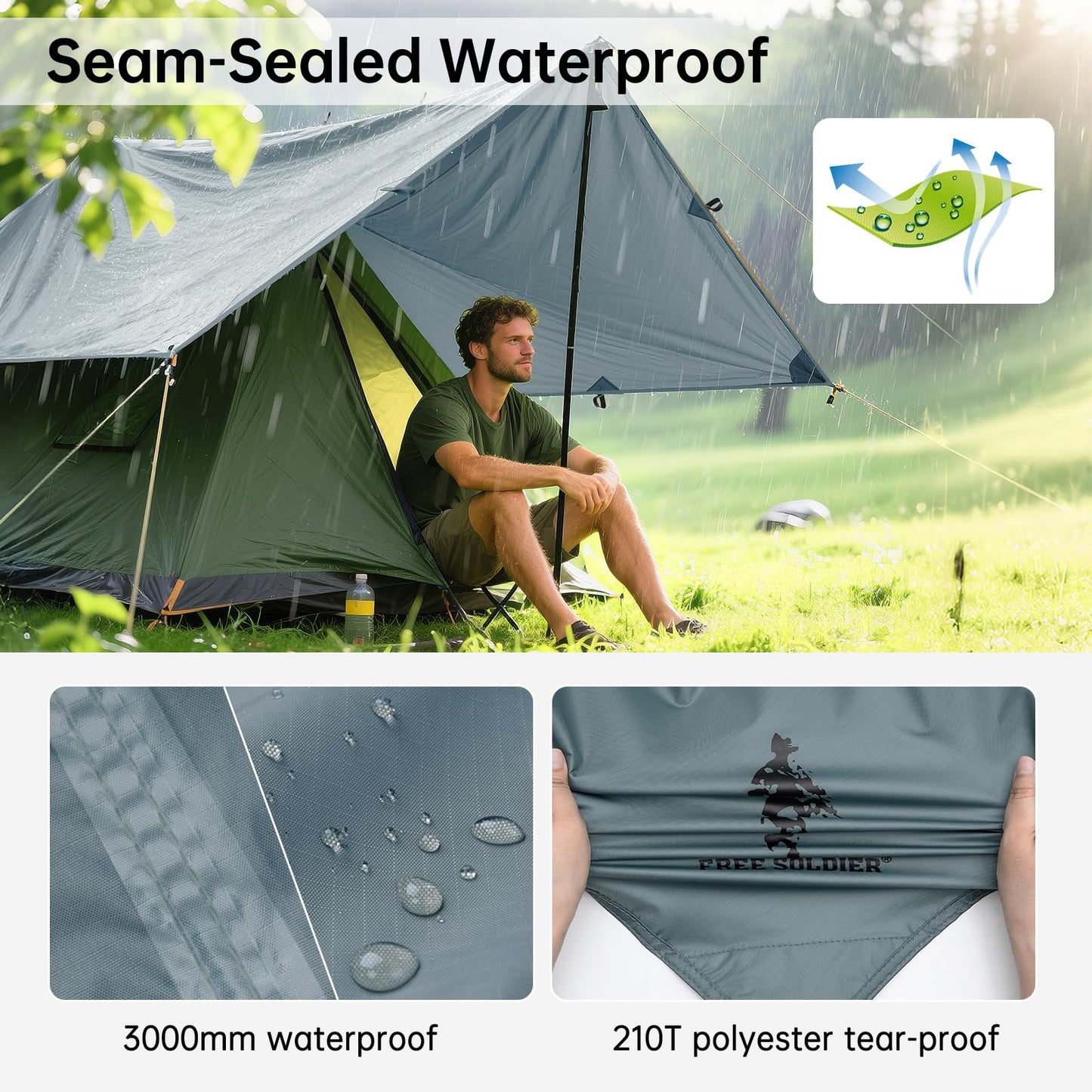 FREE SOLDIER Waterproof Portable Tarp Multifunctional Outdoor Camping Traveling Awning Backpacking Tarp Shelter Rain (Brown 10×10.5ft)