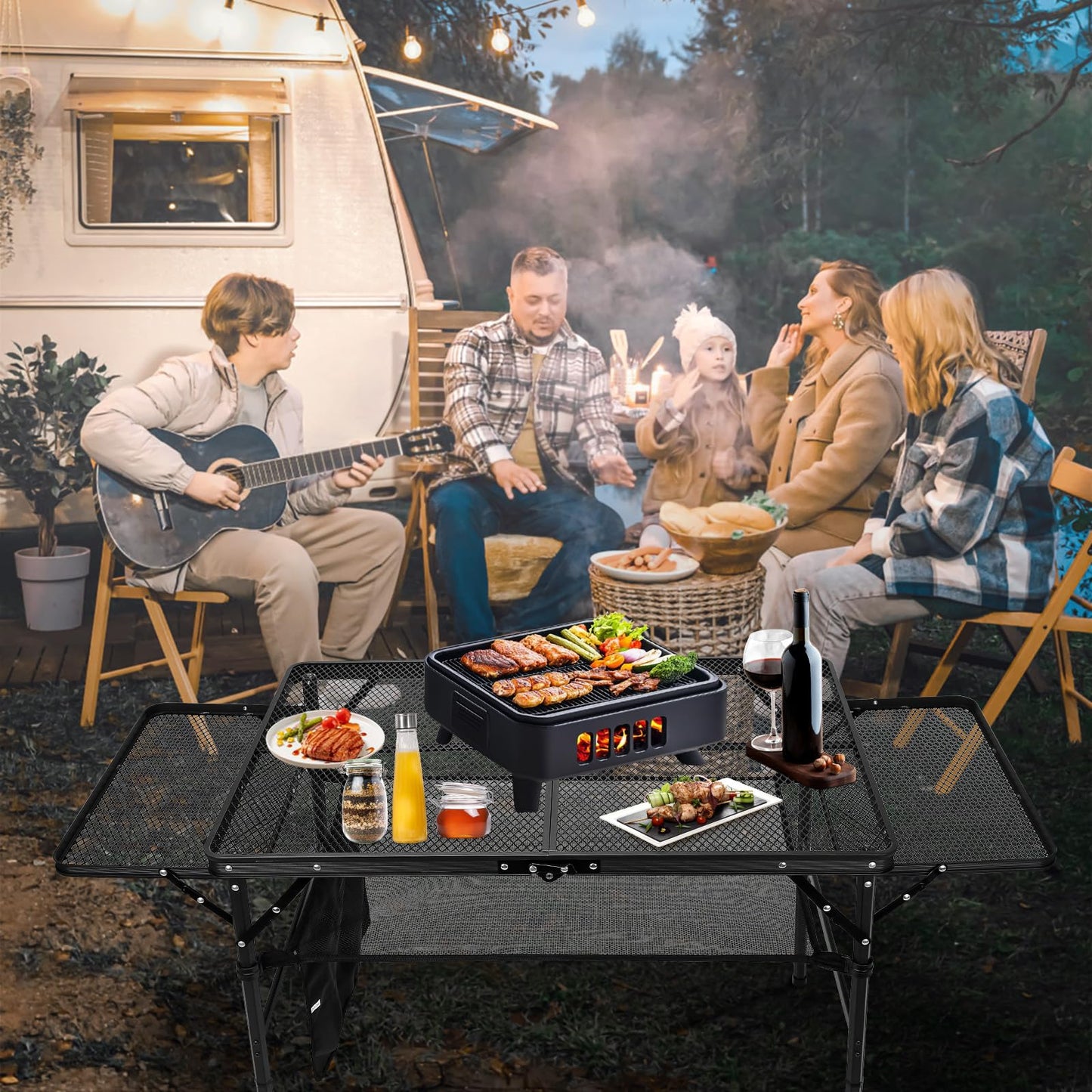 QuliMetal Small Portable Folding Grill Table with Adjustable Height & Mesh Desktop, Lightweight Camping Table – Perfect for BBQ, Picnic, Beach, & Indoor Use – Compact, Durable & Easy to Carry, Black