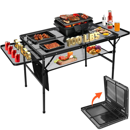 QuliMetal Small Portable Folding Grill Table with Adjustable Height & Mesh Desktop, Lightweight Camping Table – Perfect for BBQ, Picnic, Beach, & Indoor Use – Compact, Durable & Easy to Carry, Black