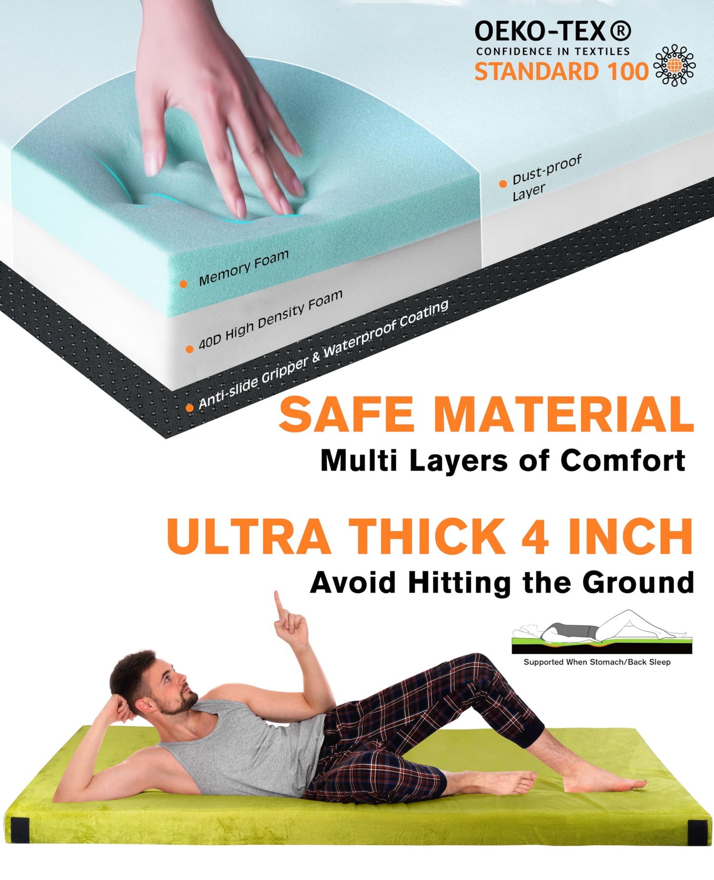 4 Inch GAIALOOP Extra Thick Memory Foam Camping Mattress, Roll Up Floor Sleeping Mat Camp Cot Mattress Pad Travel Camping Couch Bed for Guest Adults Side Sleepers