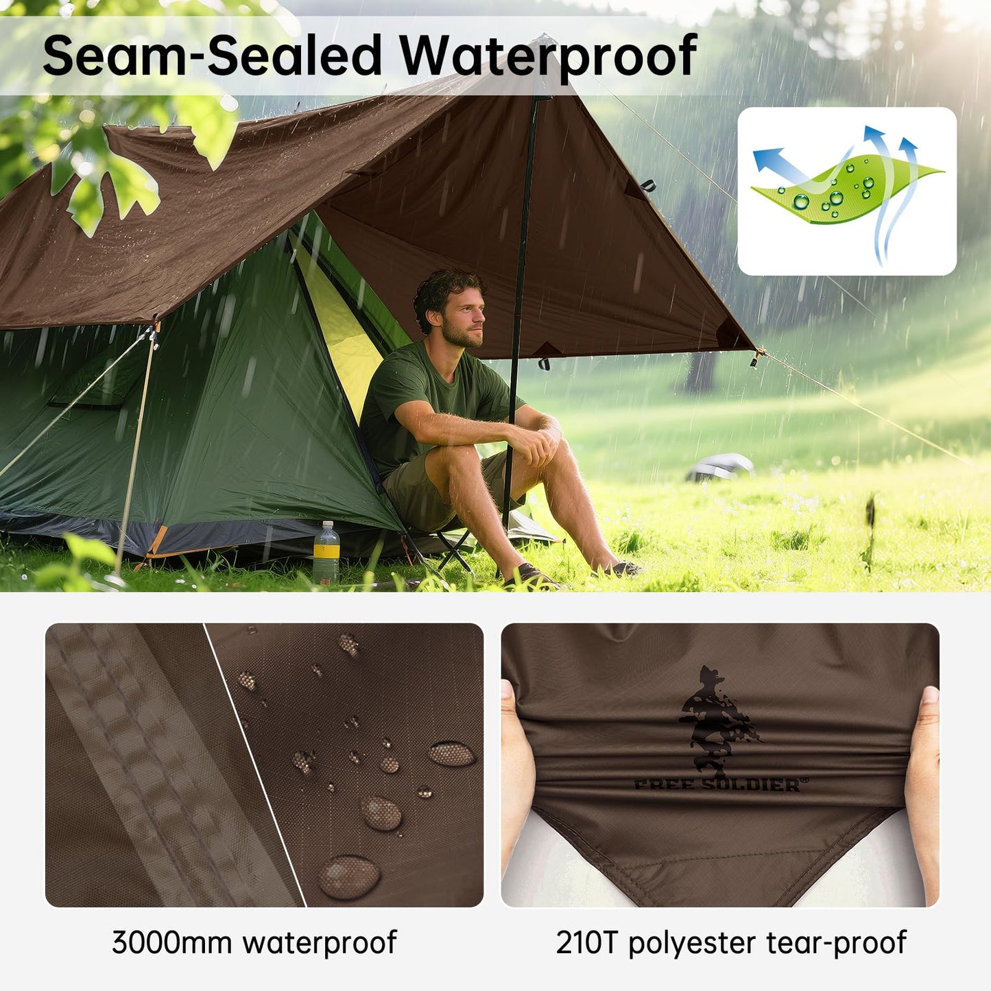 FREE SOLDIER Waterproof Portable Tarp Multifunctional Outdoor Camping Traveling Awning Backpacking Tarp Shelter Rain (Brown 10×10.5ft)