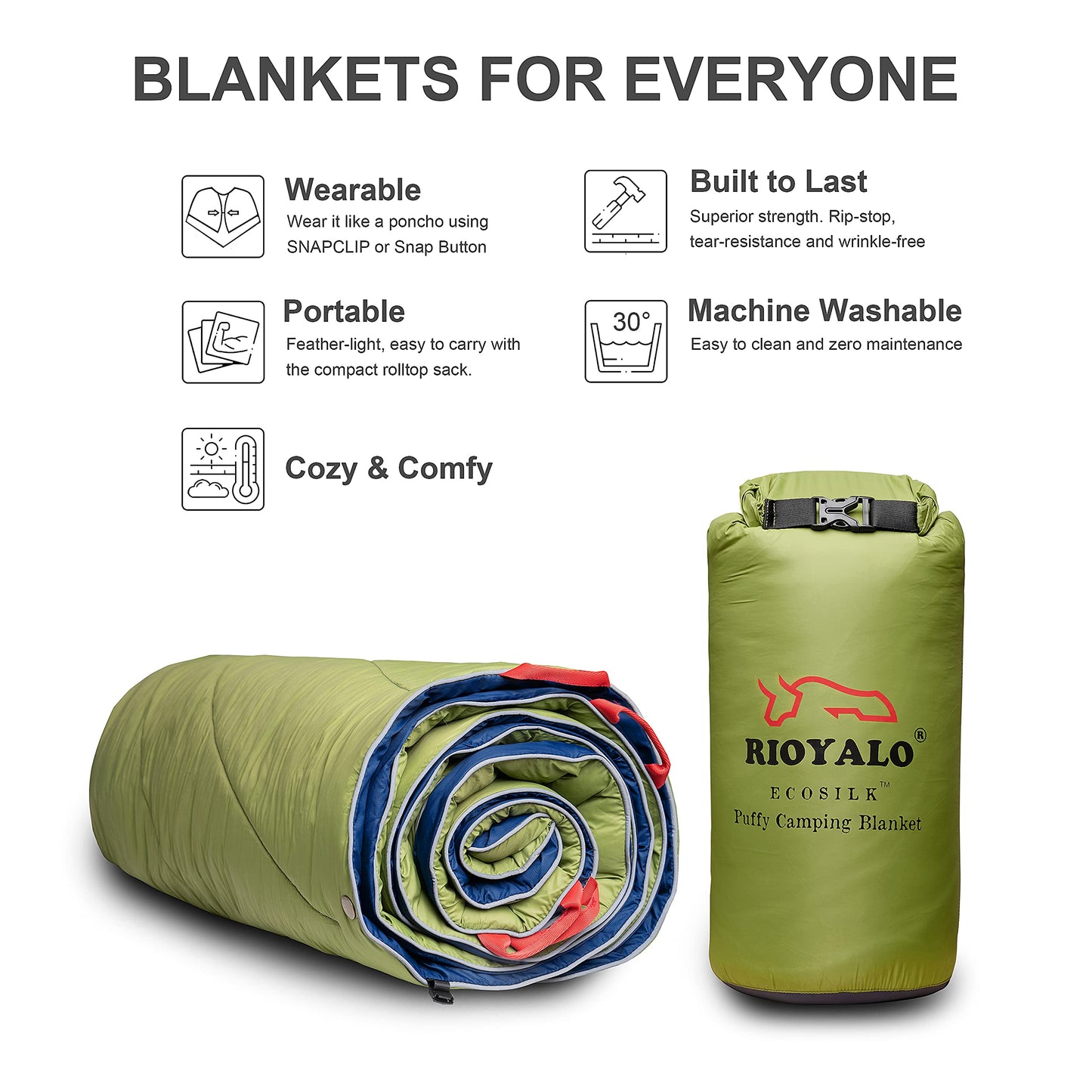 ECOSILK Outdoor Blanket Waterproof | XL Puffy Camping Blanket for Hiking Backpacking | Lightweight Packable Travel Cars Blanket w. Stuff Sack for Picnic Festival |55 X 79 in| Forest Camo…