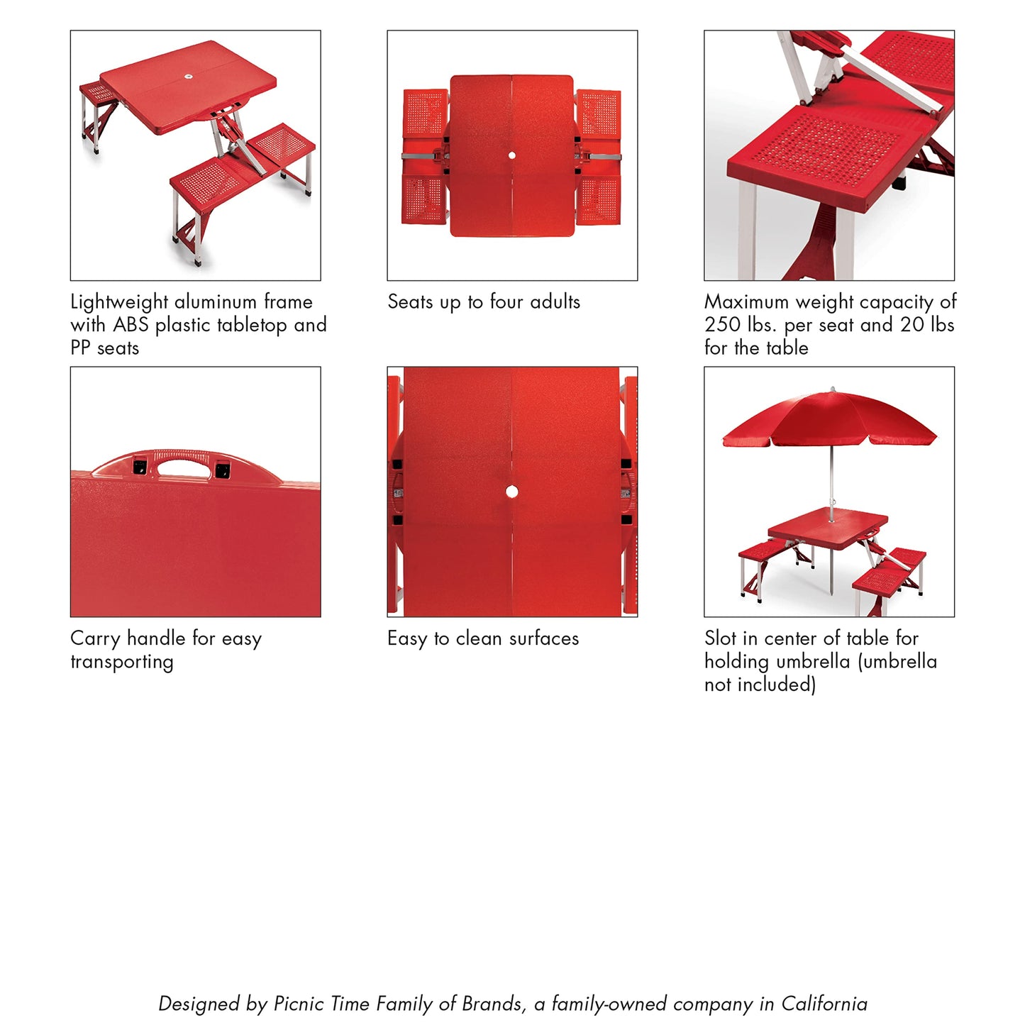 PICNIC TIME Portable Folding Picnic Table with Seats for 4, Collapsible Aluminum Table with Benches & Umbrella Hole, Lightweight Foldable Table for Camping, Travel, Backyard, Tailgating (Red)