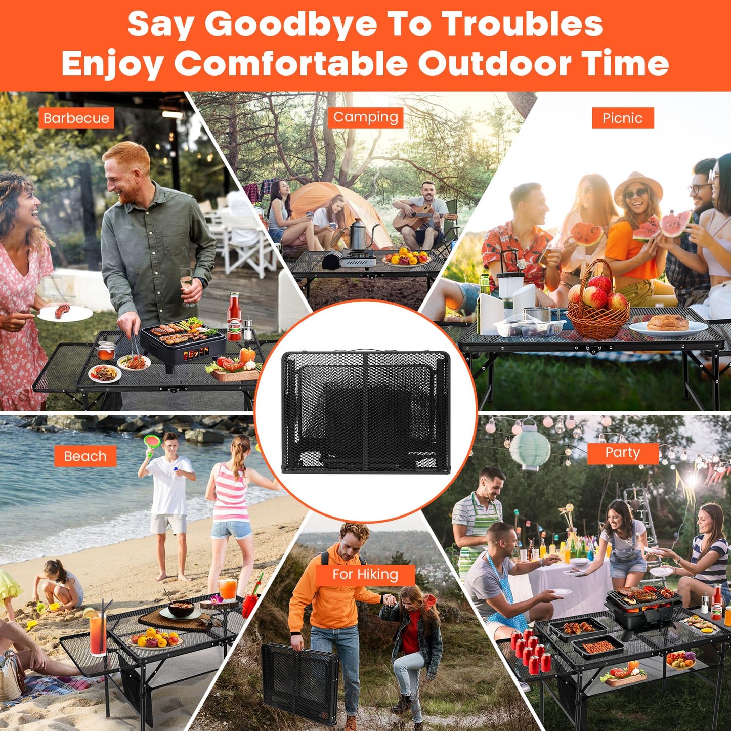 QuliMetal Small Portable Folding Grill Table with Adjustable Height & Mesh Desktop, Lightweight Camping Table – Perfect for BBQ, Picnic, Beach, & Indoor Use – Compact, Durable & Easy to Carry, Black