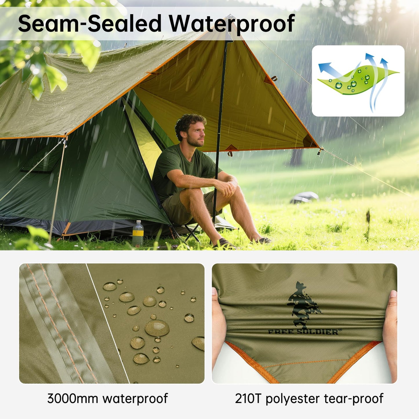 FREE SOLDIER Waterproof Portable Tarp Multifunctional Outdoor Camping Traveling Awning Backpacking Tarp Shelter Rain (Brown 10×10.5ft)