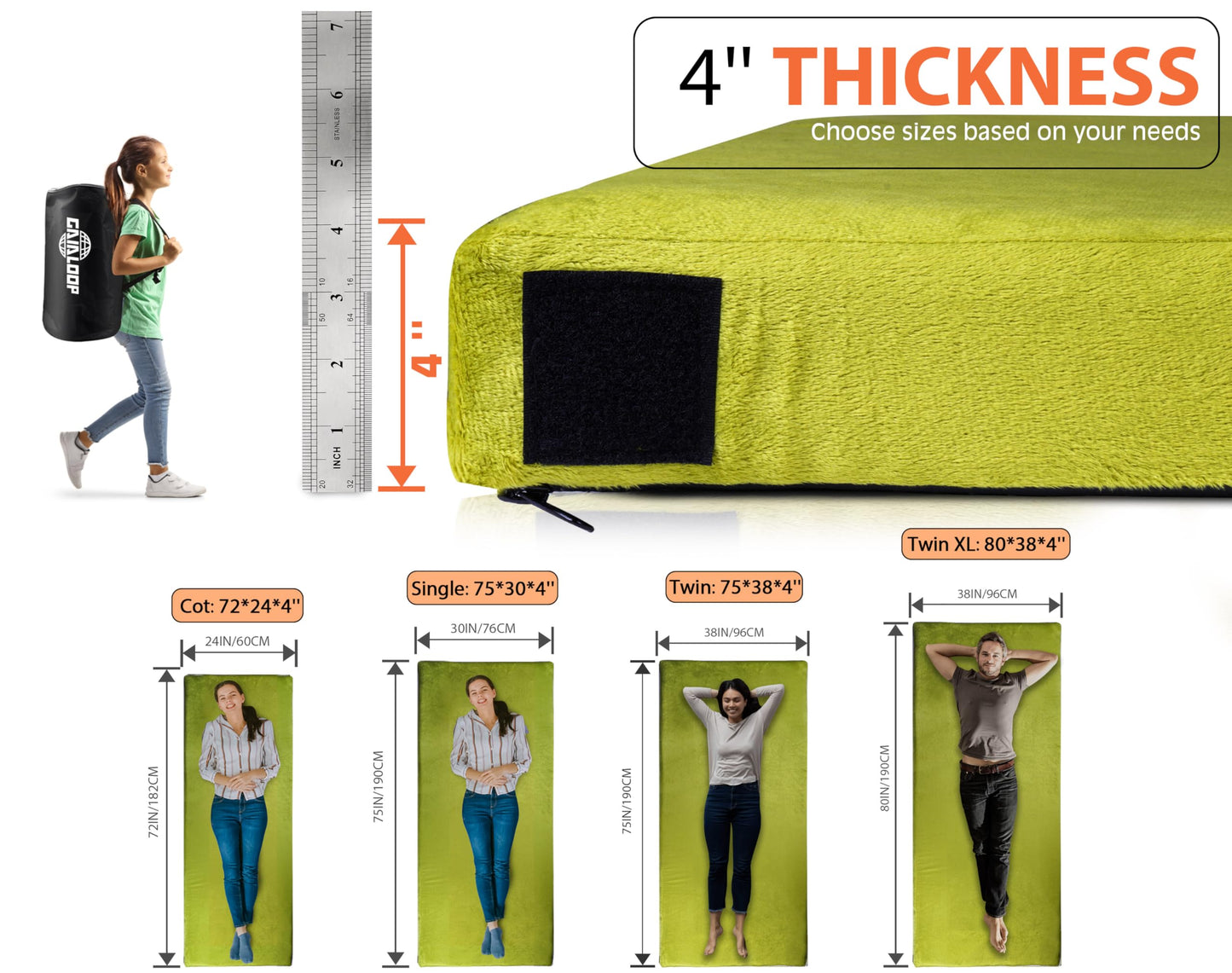 4 Inch GAIALOOP Extra Thick Memory Foam Camping Mattress, Roll Up Floor Sleeping Mat Camp Cot Mattress Pad Travel Camping Couch Bed for Guest Adults Side Sleepers