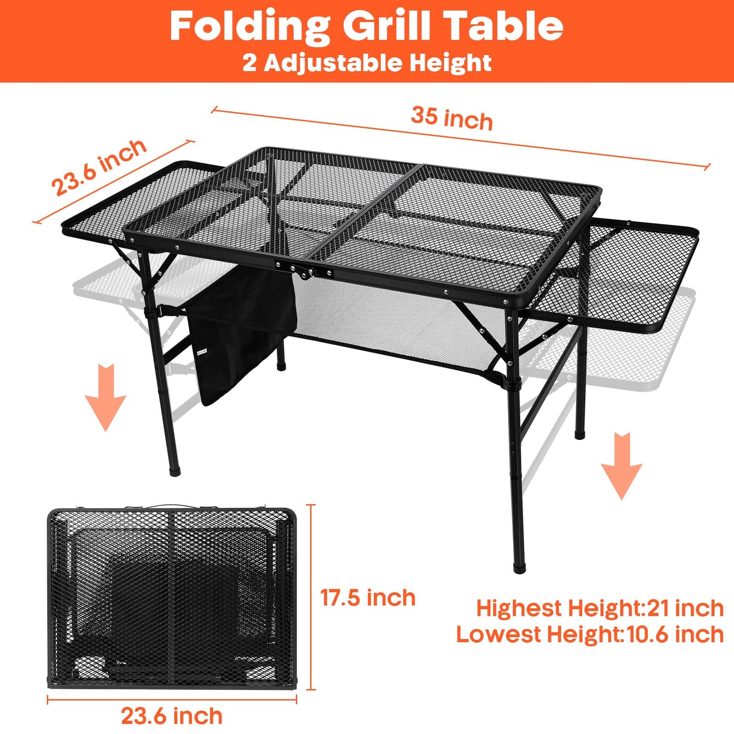 QuliMetal Small Portable Folding Grill Table with Adjustable Height & Mesh Desktop, Lightweight Camping Table – Perfect for BBQ, Picnic, Beach, & Indoor Use – Compact, Durable & Easy to Carry, Black