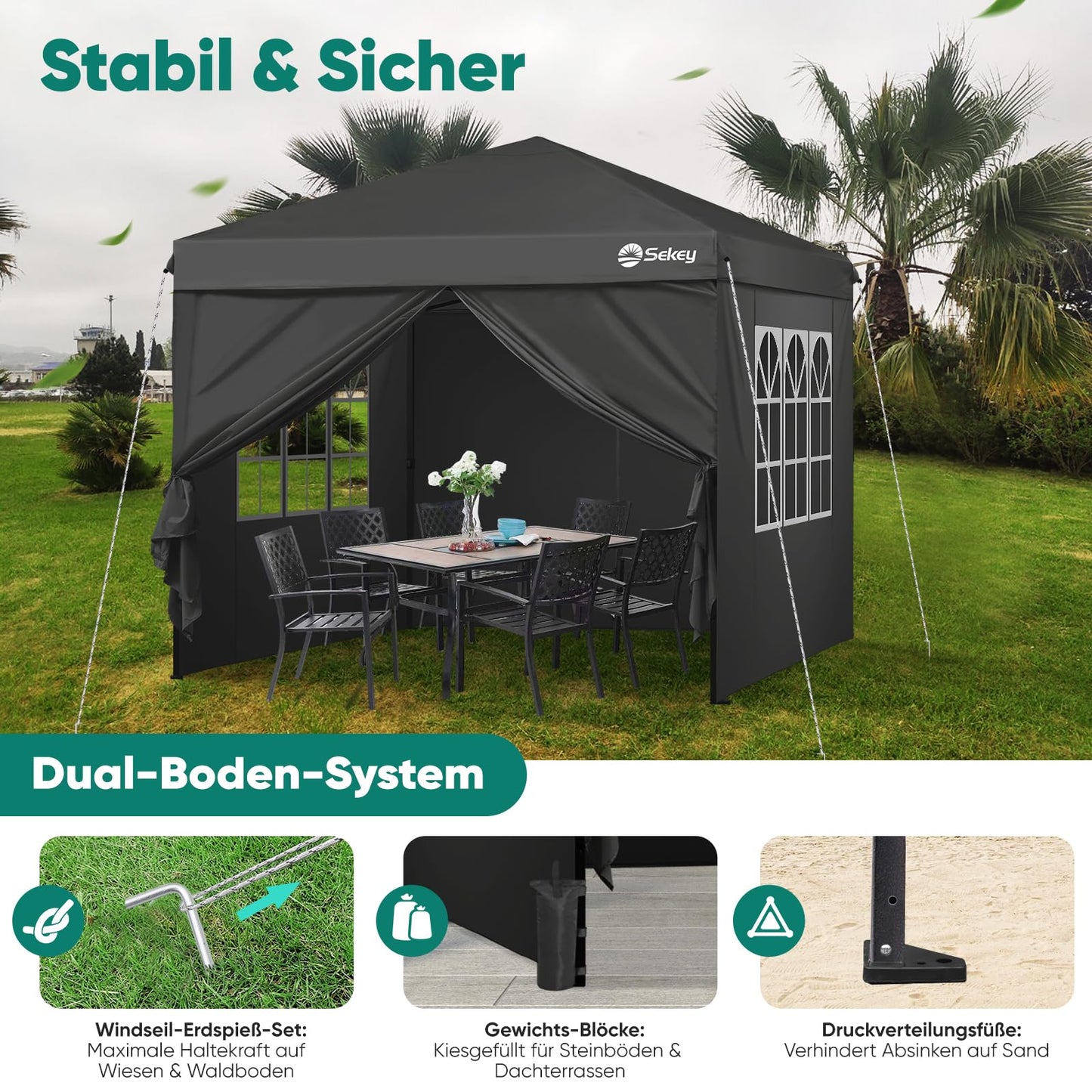 Sekey 10x10 Pop Up Canopy with 4 Sidewalls, One Push Setup Instant Outdoor Gazebo, Instant Easy Up Canopy with UPF50+ Top, 4 Weight Bags for Events, Beach, Patio, Camping