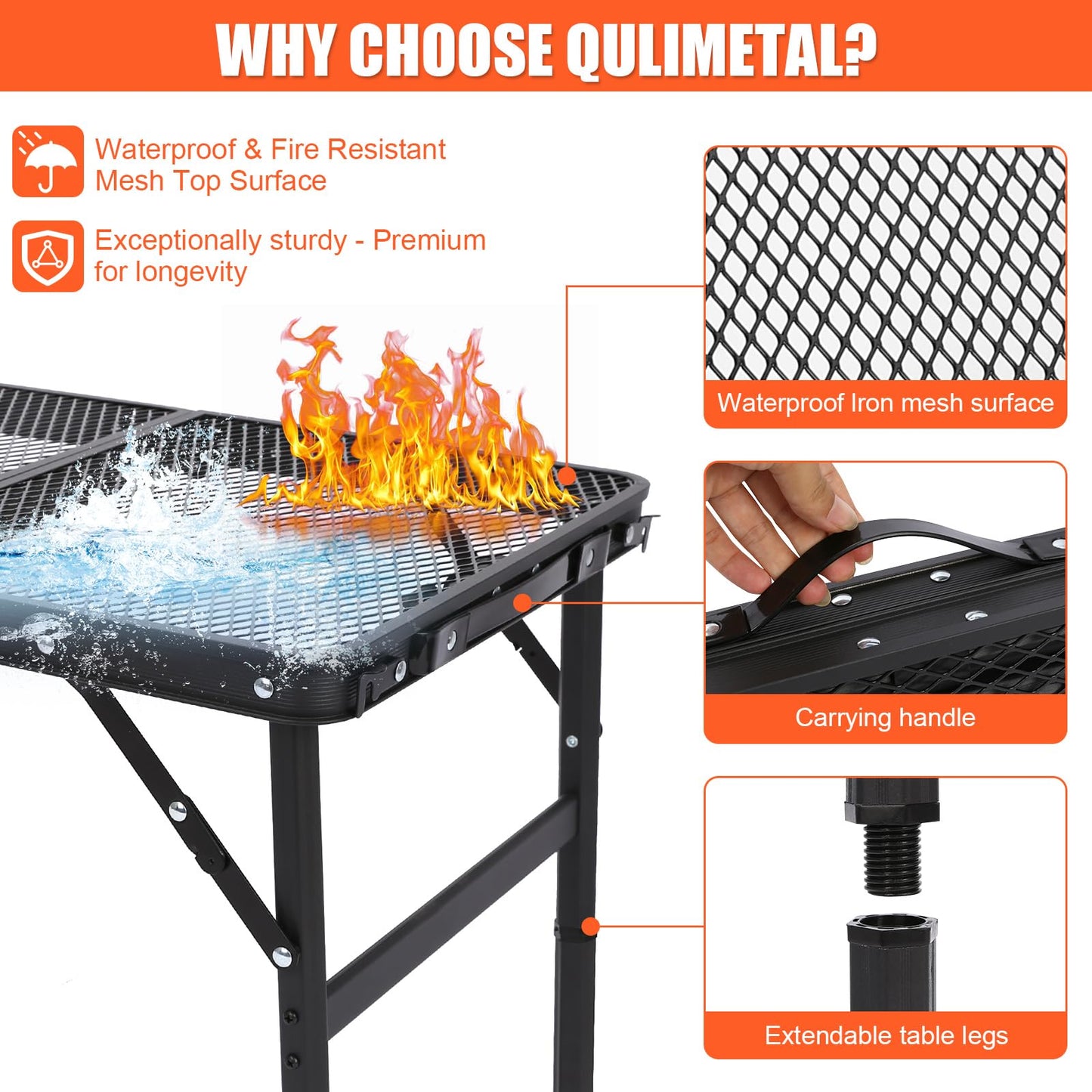 QuliMetal Small Portable Folding Grill Table with Adjustable Height & Mesh Desktop, Lightweight Camping Table – Perfect for BBQ, Picnic, Beach, & Indoor Use – Compact, Durable & Easy to Carry, Black