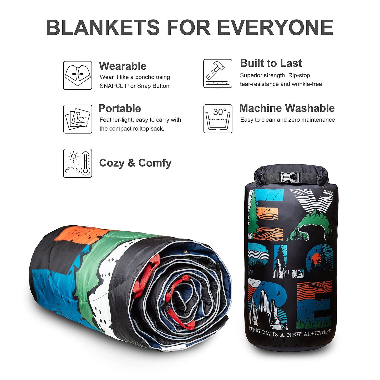ECOSILK Outdoor Blanket Waterproof | XL Puffy Camping Blanket for Hiking Backpacking | Lightweight Packable Travel Cars Blanket w. Stuff Sack for Picnic Festival |55 X 79 in| Forest Camo…