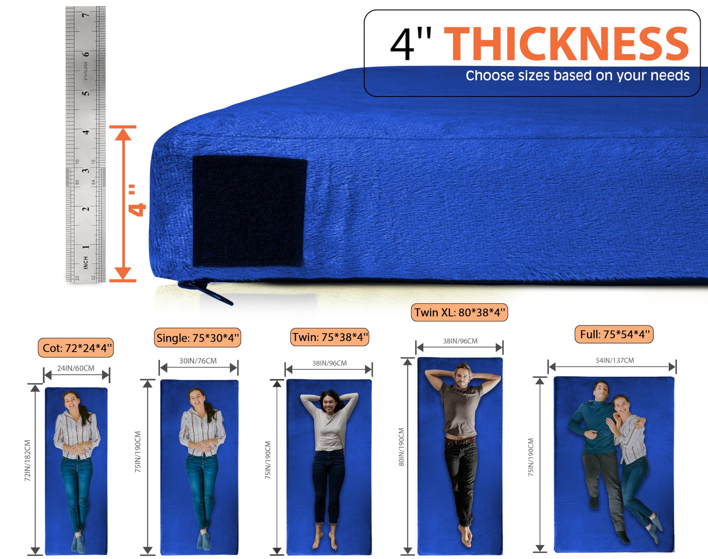 4 Inch GAIALOOP Extra Thick Memory Foam Camping Mattress, Roll Up Floor Sleeping Mat Camp Cot Mattress Pad Travel Camping Couch Bed for Guest Adults Side Sleepers