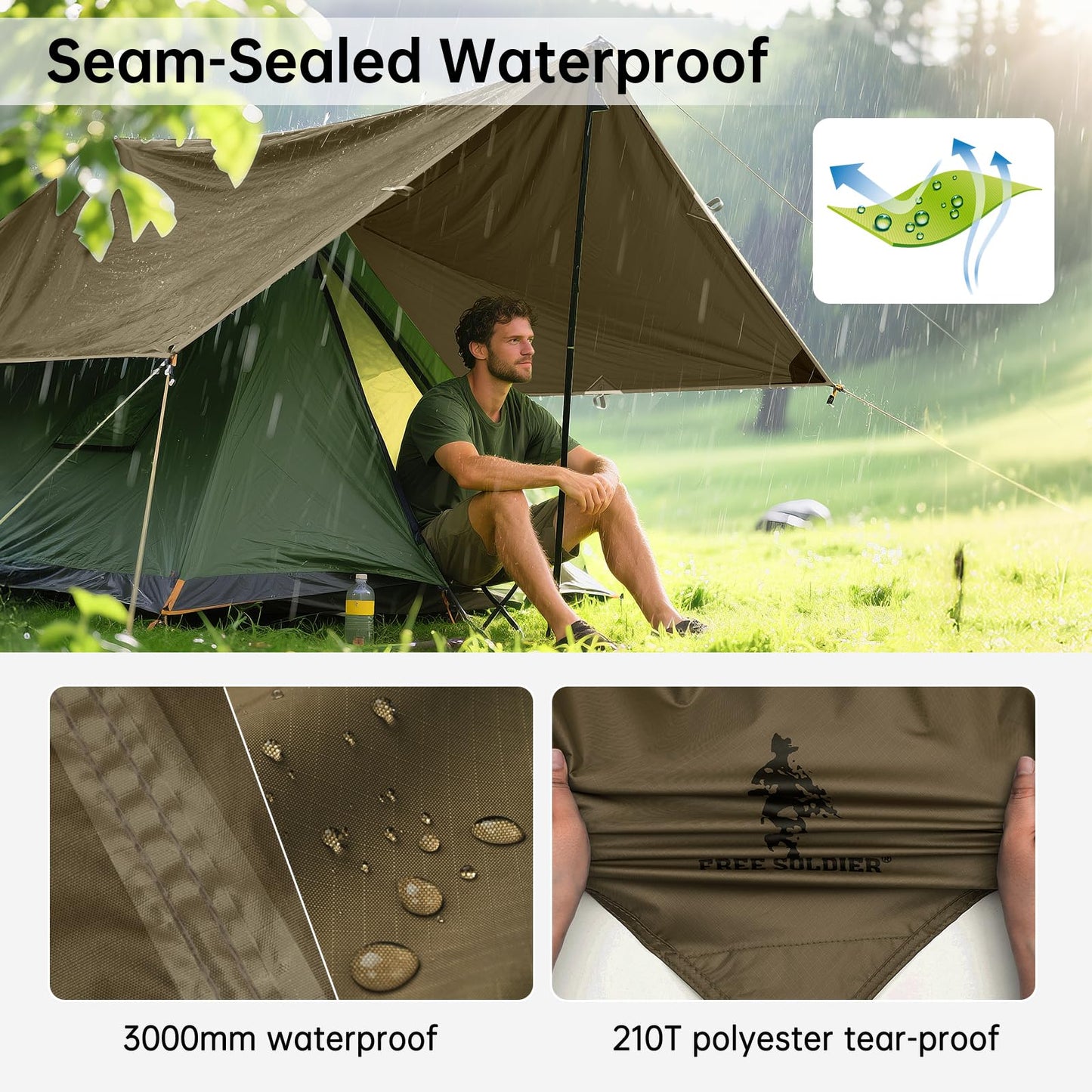 FREE SOLDIER Waterproof Portable Tarp Multifunctional Outdoor Camping Traveling Awning Backpacking Tarp Shelter Rain (Brown 10×10.5ft)