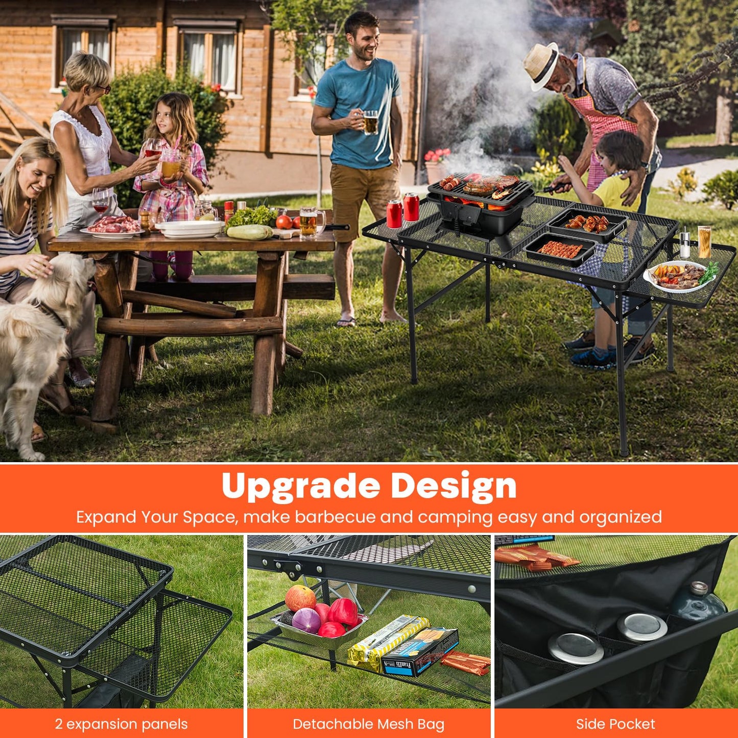 QuliMetal Small Portable Folding Grill Table with Adjustable Height & Mesh Desktop, Lightweight Camping Table – Perfect for BBQ, Picnic, Beach, & Indoor Use – Compact, Durable & Easy to Carry, Black