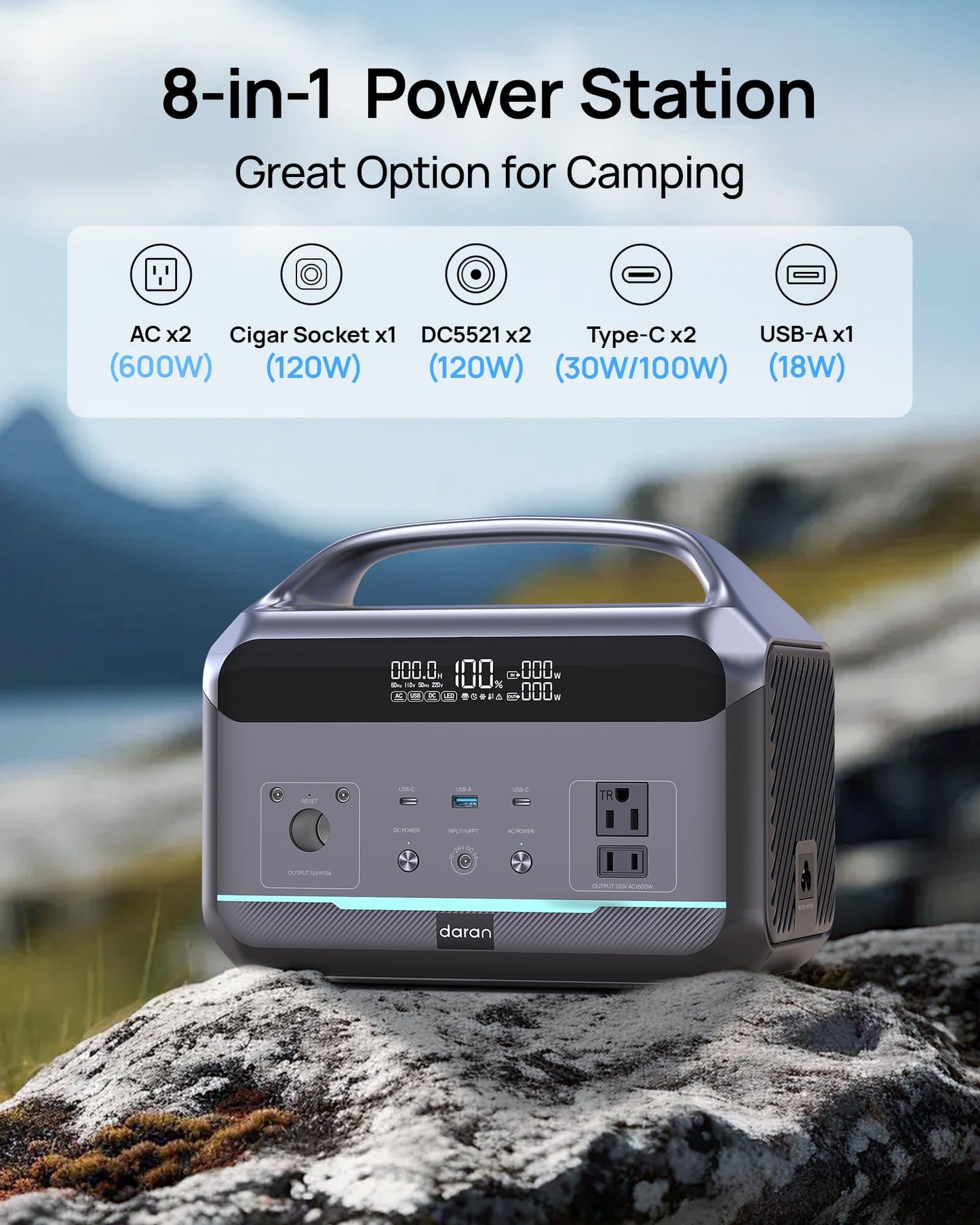 Portable Power Station, Outdoor 288Wh(90,000mAh) LiFePO4 Battery, 600W(1200W Surge) AC Outlets, 1.7H Fast Charging Solar Generator for Camping, RV Travel, Home Use（Solar Optional)