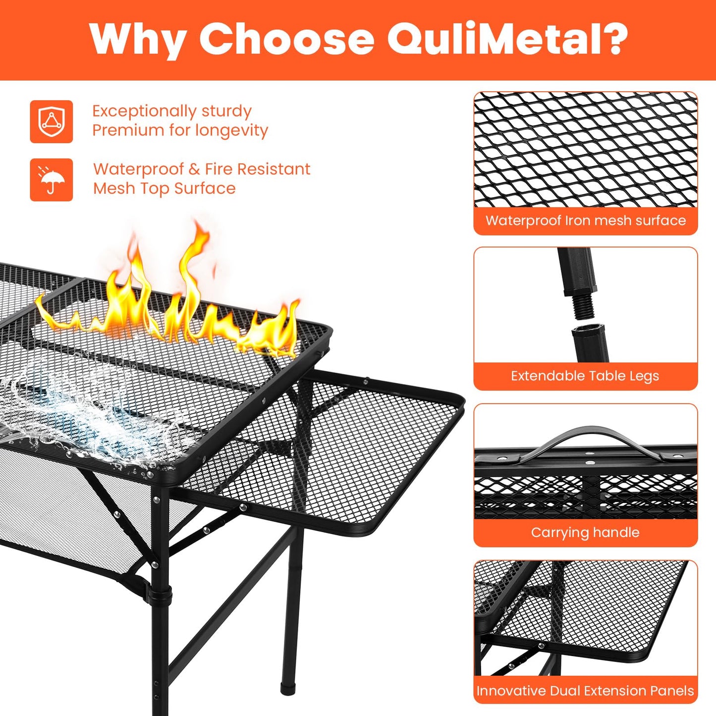 QuliMetal Small Portable Folding Grill Table with Adjustable Height & Mesh Desktop, Lightweight Camping Table – Perfect for BBQ, Picnic, Beach, & Indoor Use – Compact, Durable & Easy to Carry, Black