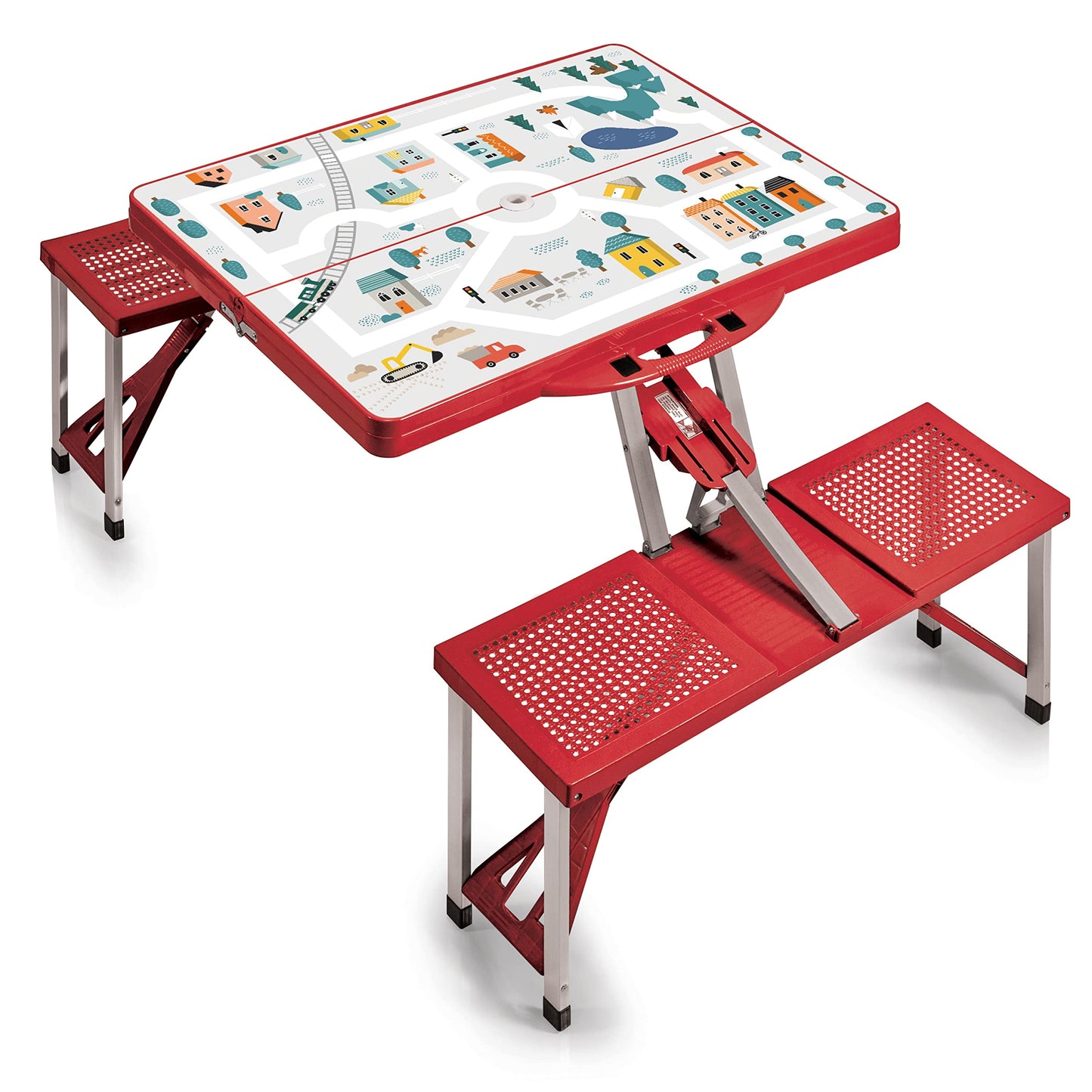 PICNIC TIME Portable Folding Picnic Table with Seats for 4, Collapsible Aluminum Table with Benches & Umbrella Hole, Lightweight Foldable Table for Camping, Travel, Backyard, Tailgating (Red)