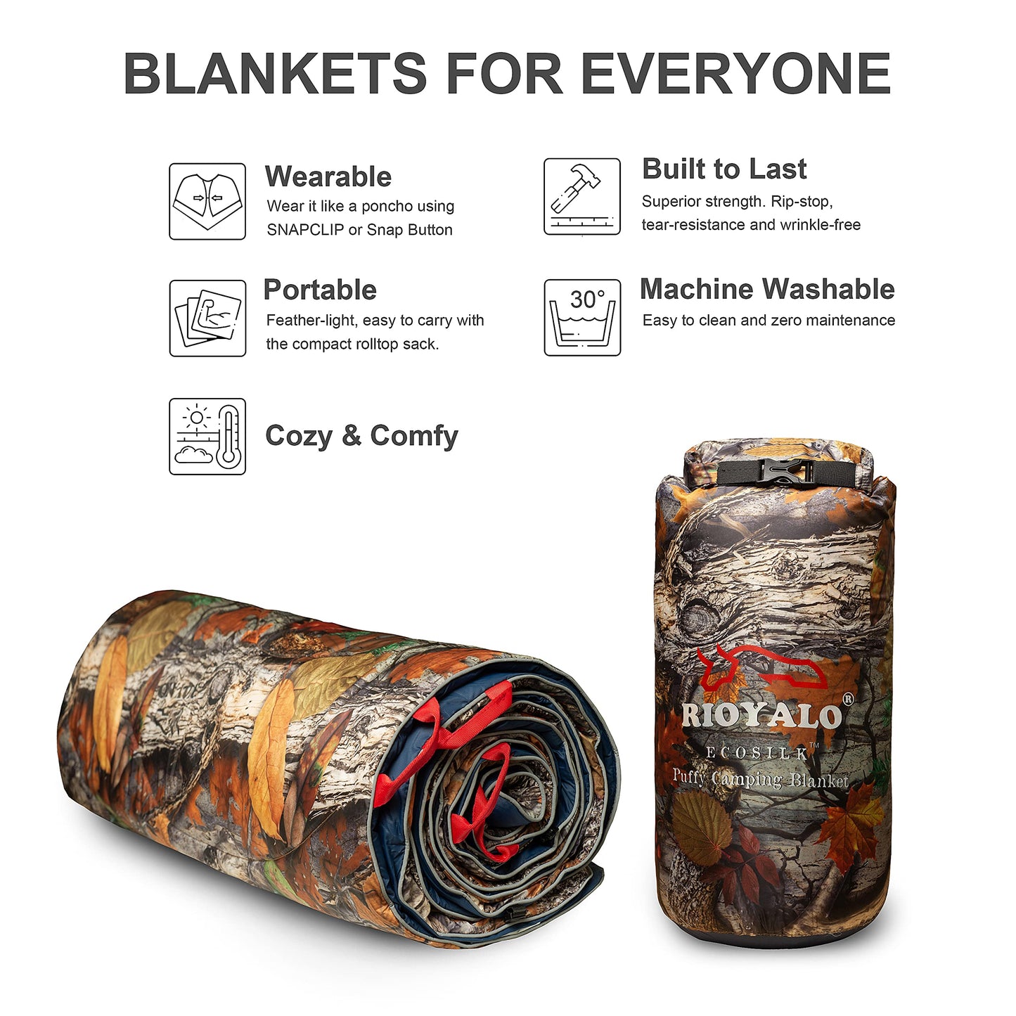 ECOSILK Outdoor Blanket Waterproof | XL Puffy Camping Blanket for Hiking Backpacking | Lightweight Packable Travel Cars Blanket w. Stuff Sack for Picnic Festival |55 X 79 in| Forest Camo…